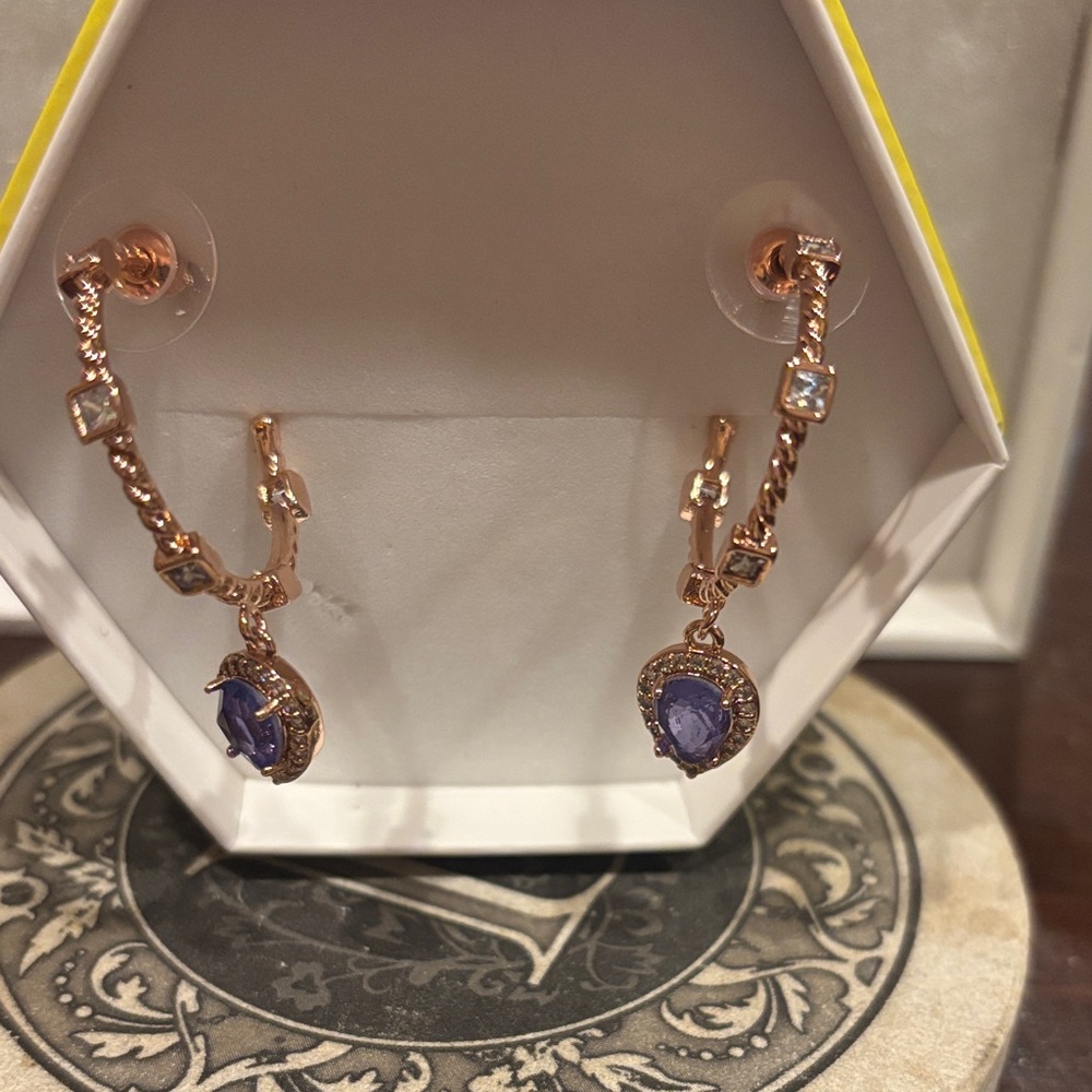 Rose Gold Hoop Earrings with Purple Gem Drops: Resort